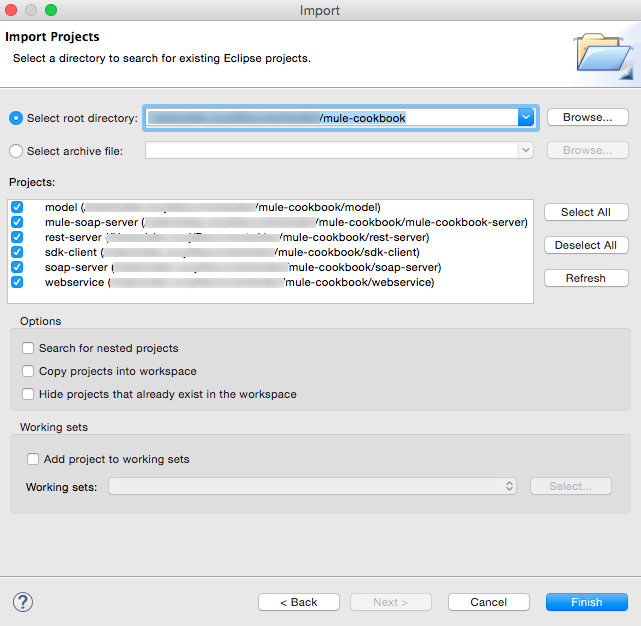 A dialog box with options to import existing projects