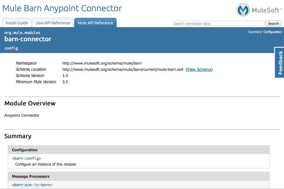 Example Mule API reference documentation for the connector