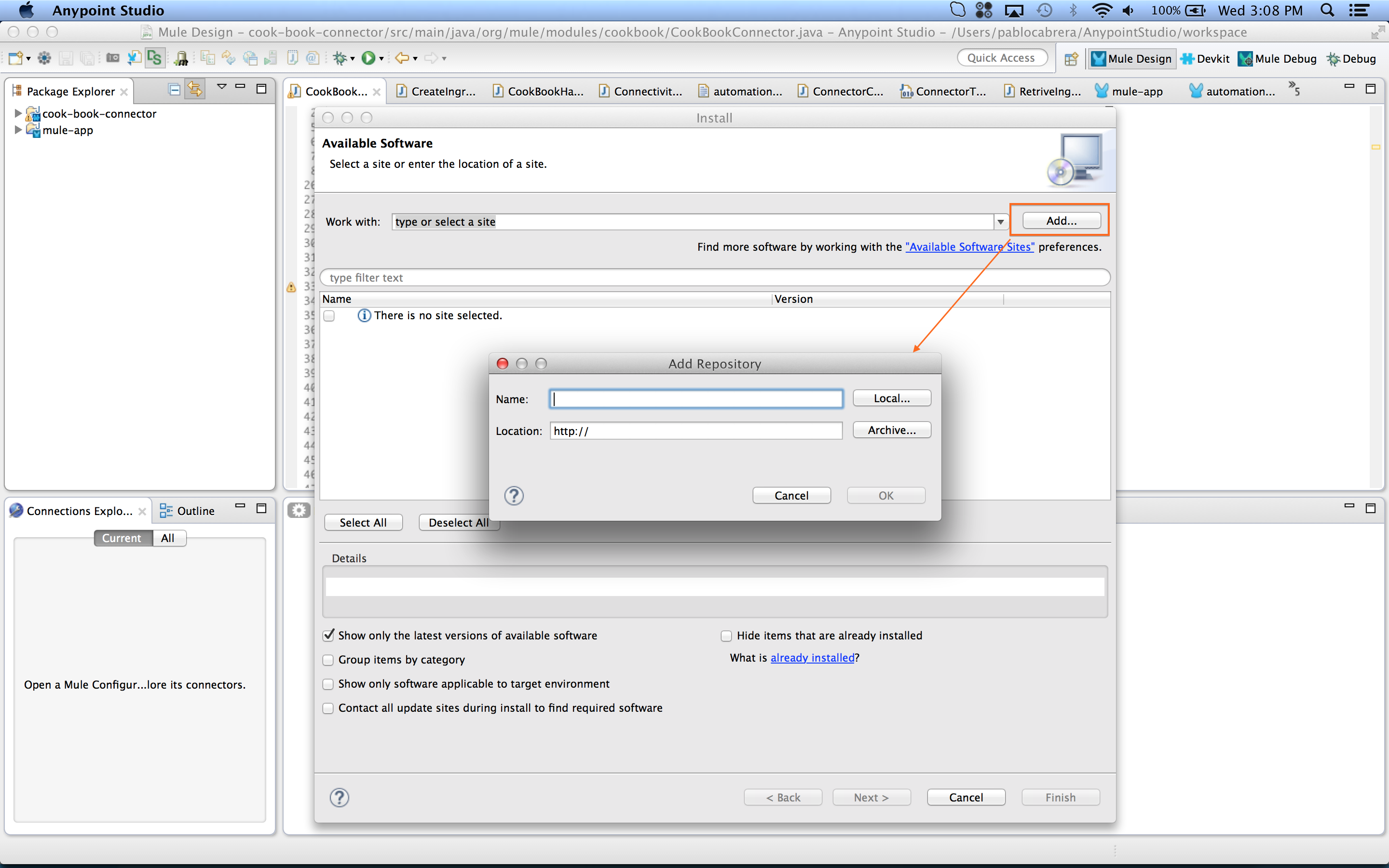 Dialog box for adding software