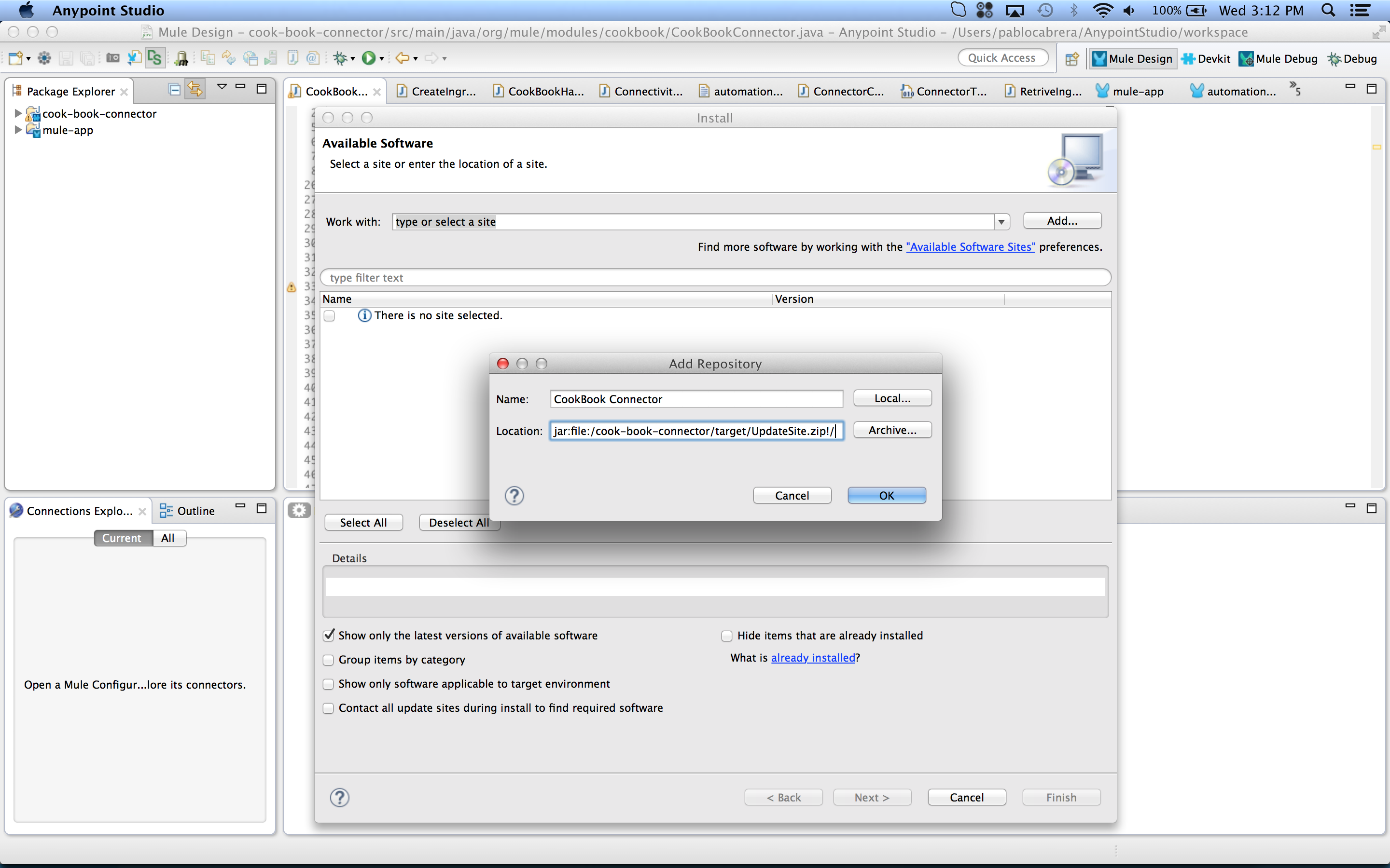 Dialog box for adding software with zip file specified