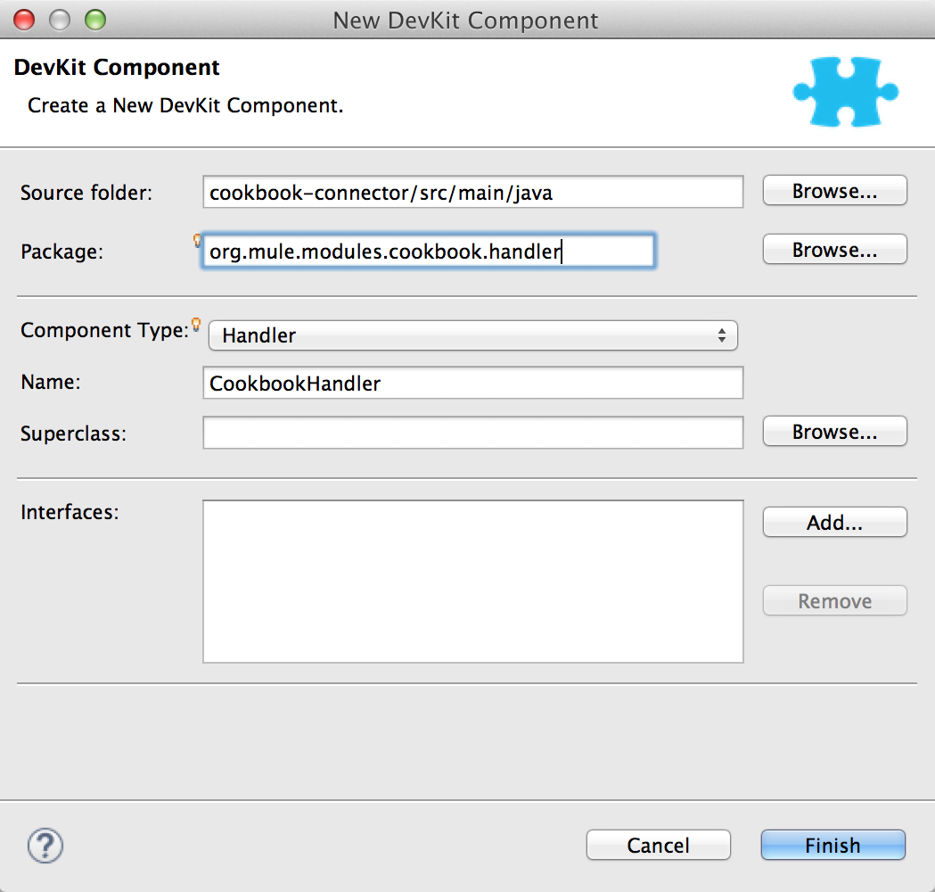 Configuration window for adding a new component