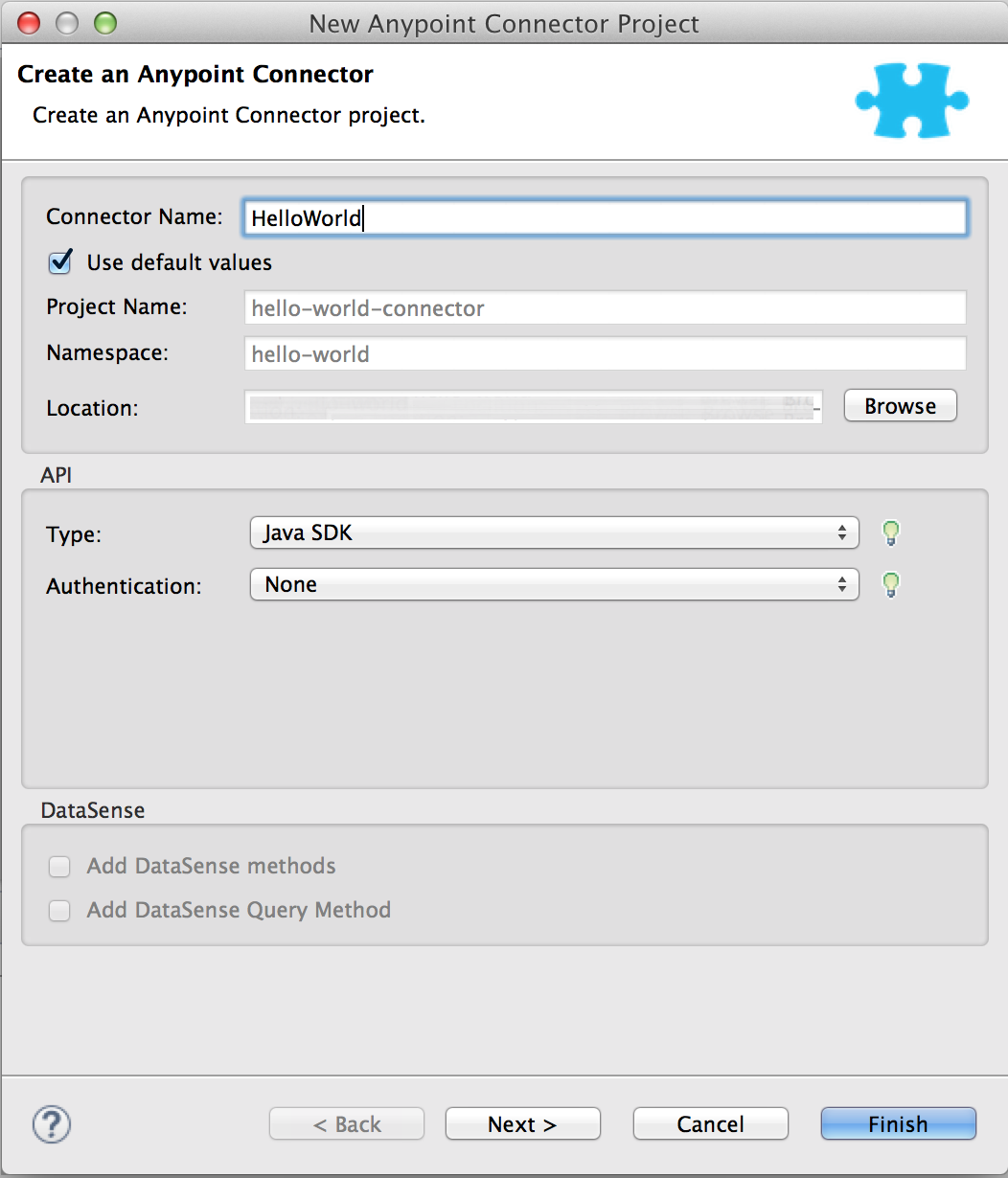 Window for creating new Anypoint Connector project with the fields specified