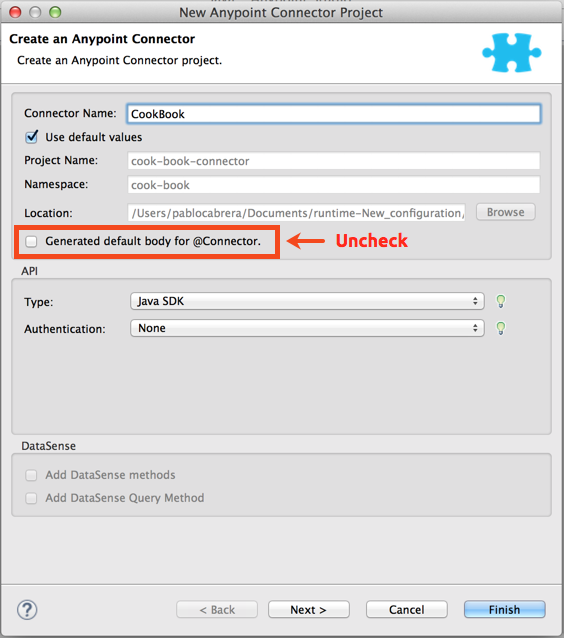 A window for creating a connector project with the default generation unselected