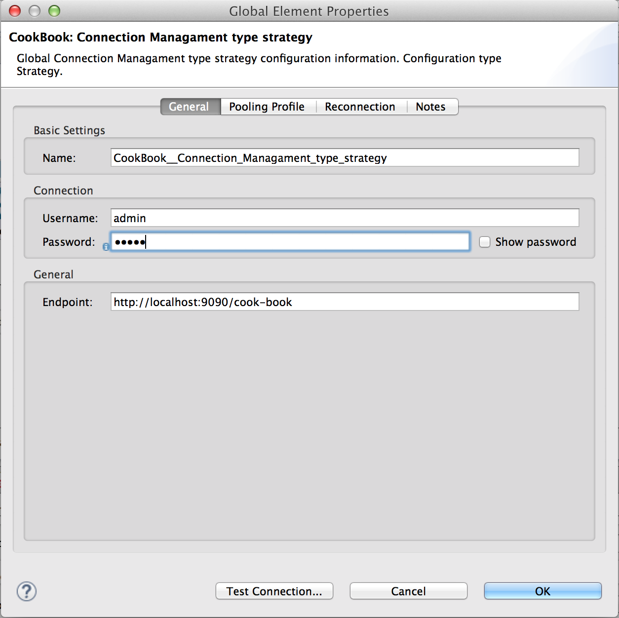 Global Elements Properties window for configuration with password entered