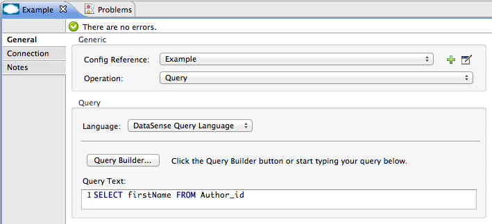 A property editor with text fields labeled Connection, Notes, Config Reference, Operation, Language, Query Builder, and Query Text