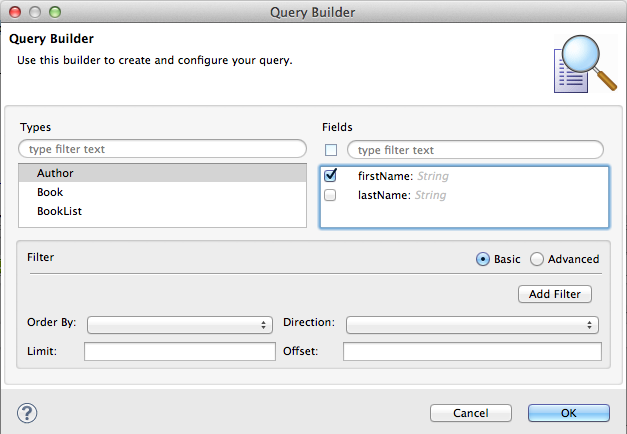 A window with Query Builder configuration