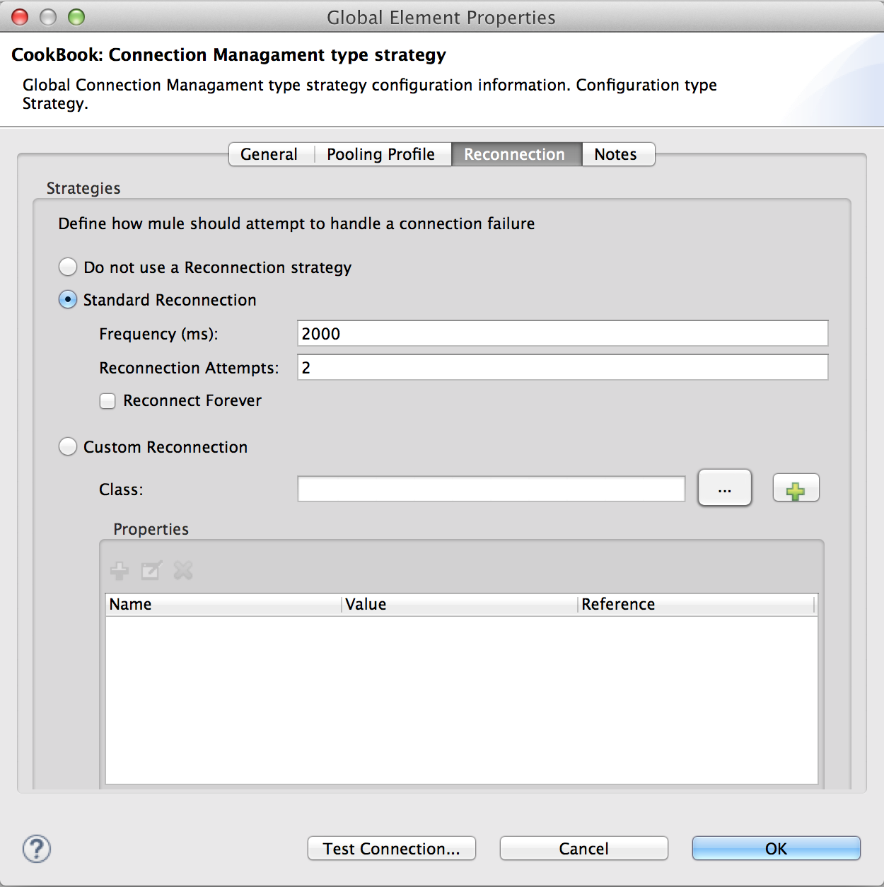 Global elements properties window with the Reconnection tab selected