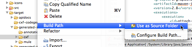 A dropdown menu with options to Build Path and then Use as Source Folder