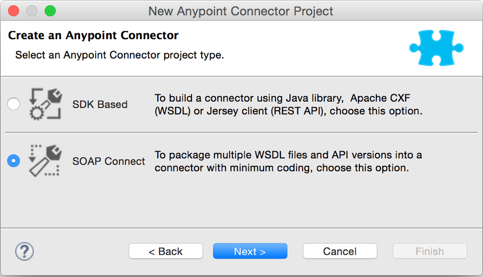 Window for creating a connector project with the SOAP Connect project type selected