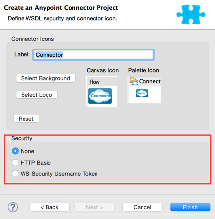 Window for specifying WSDL security and the connector icon