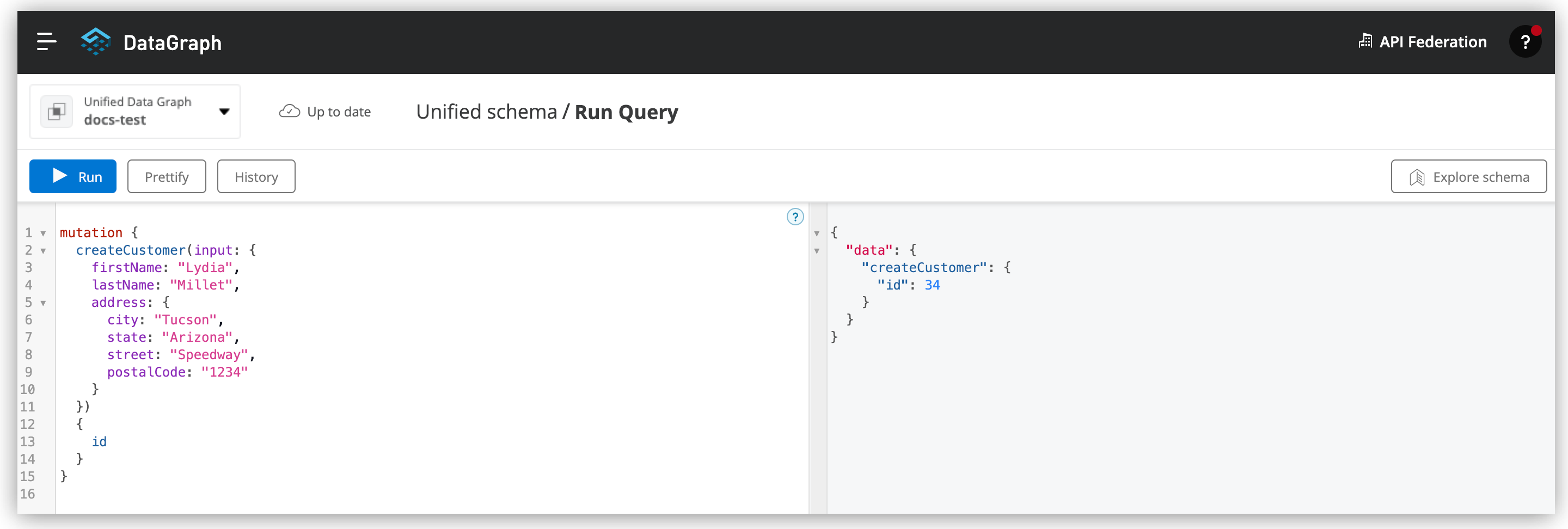 Query editor displays mutation results