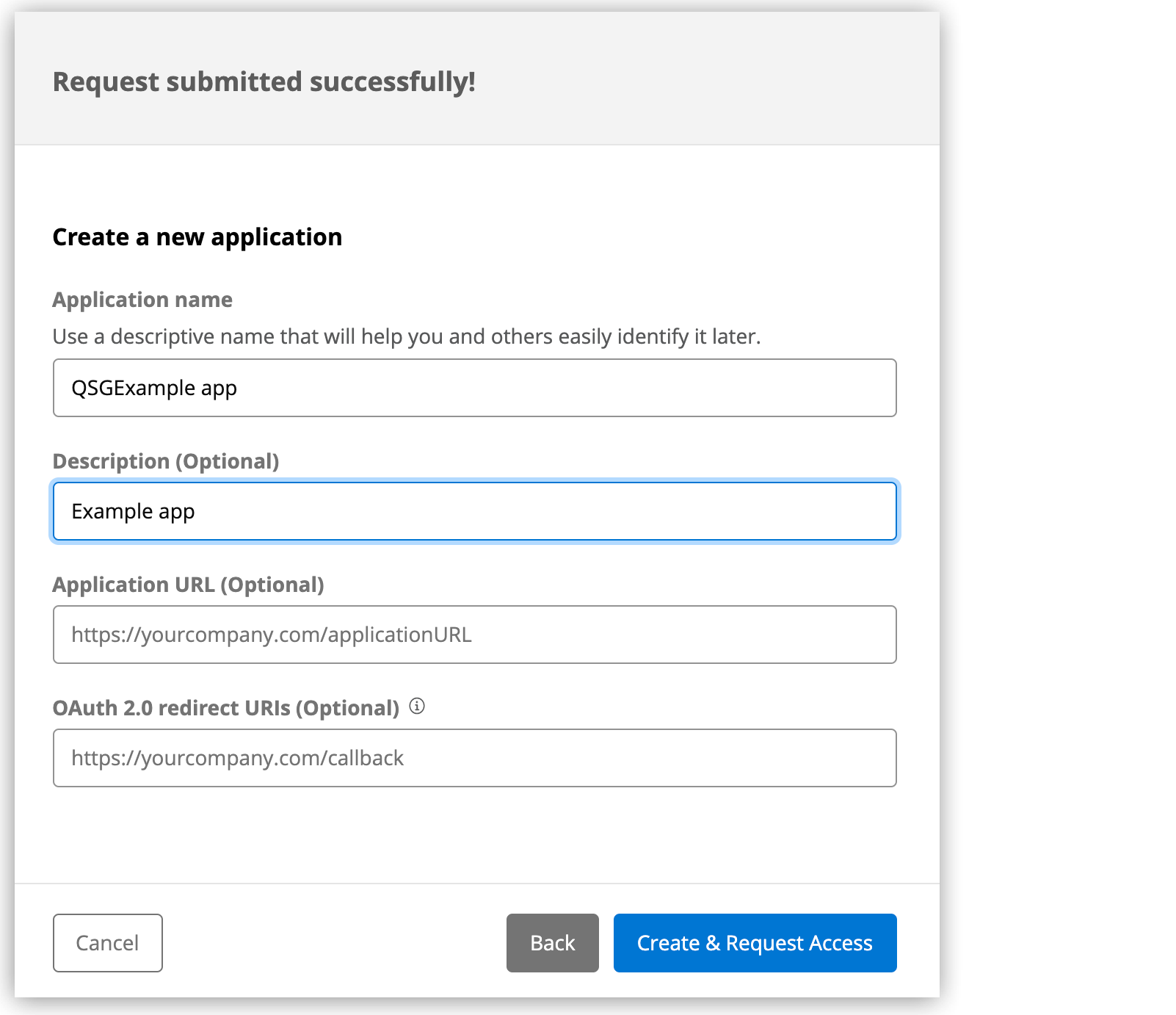 Creating a query application in the request access window