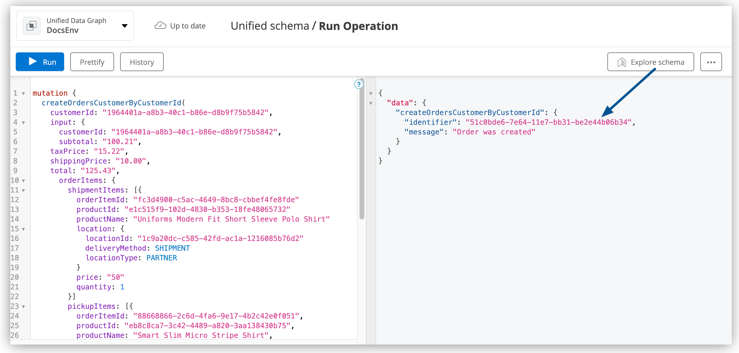 A new order is created when you run the example mutation