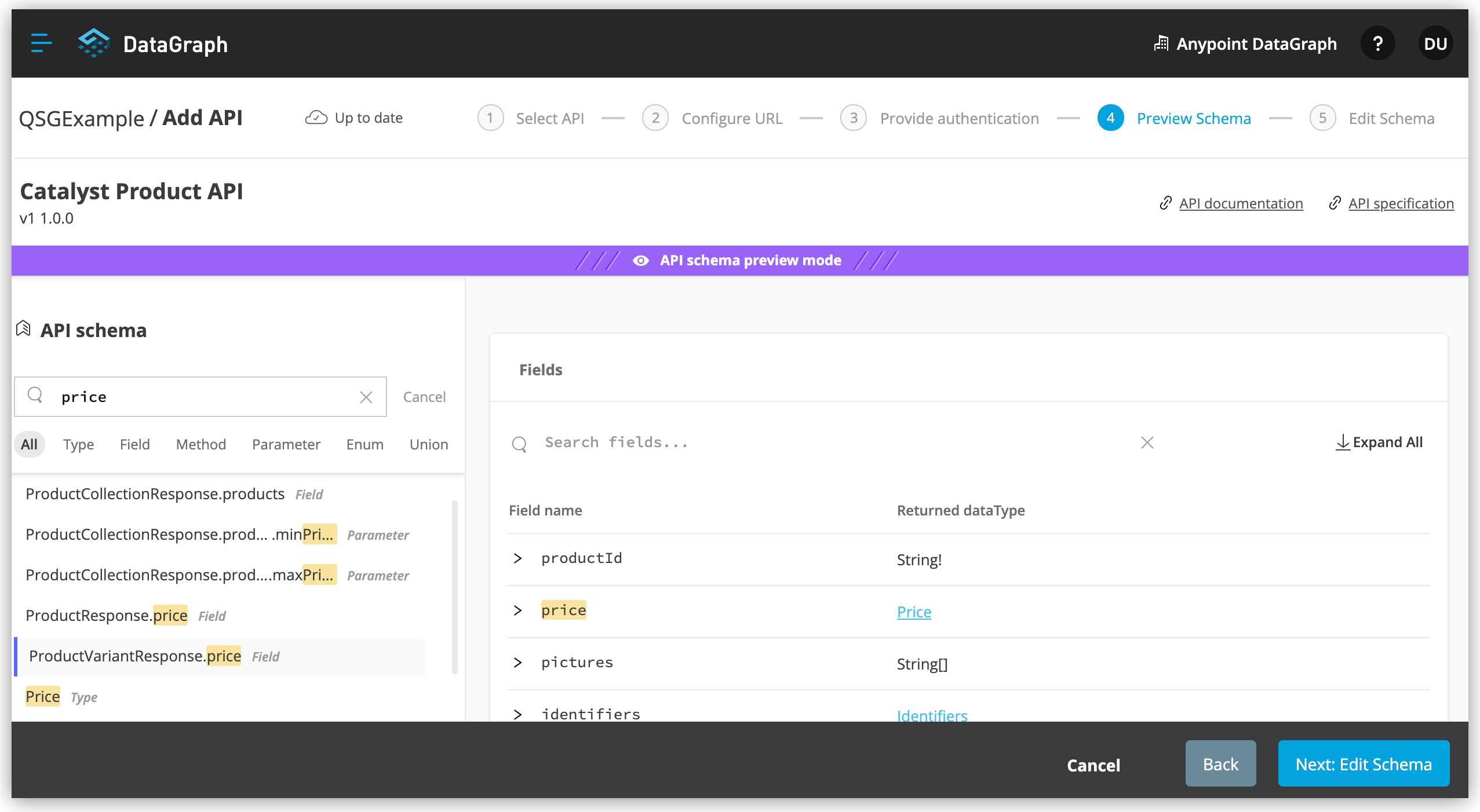 Searching the element price in API schema preview mode