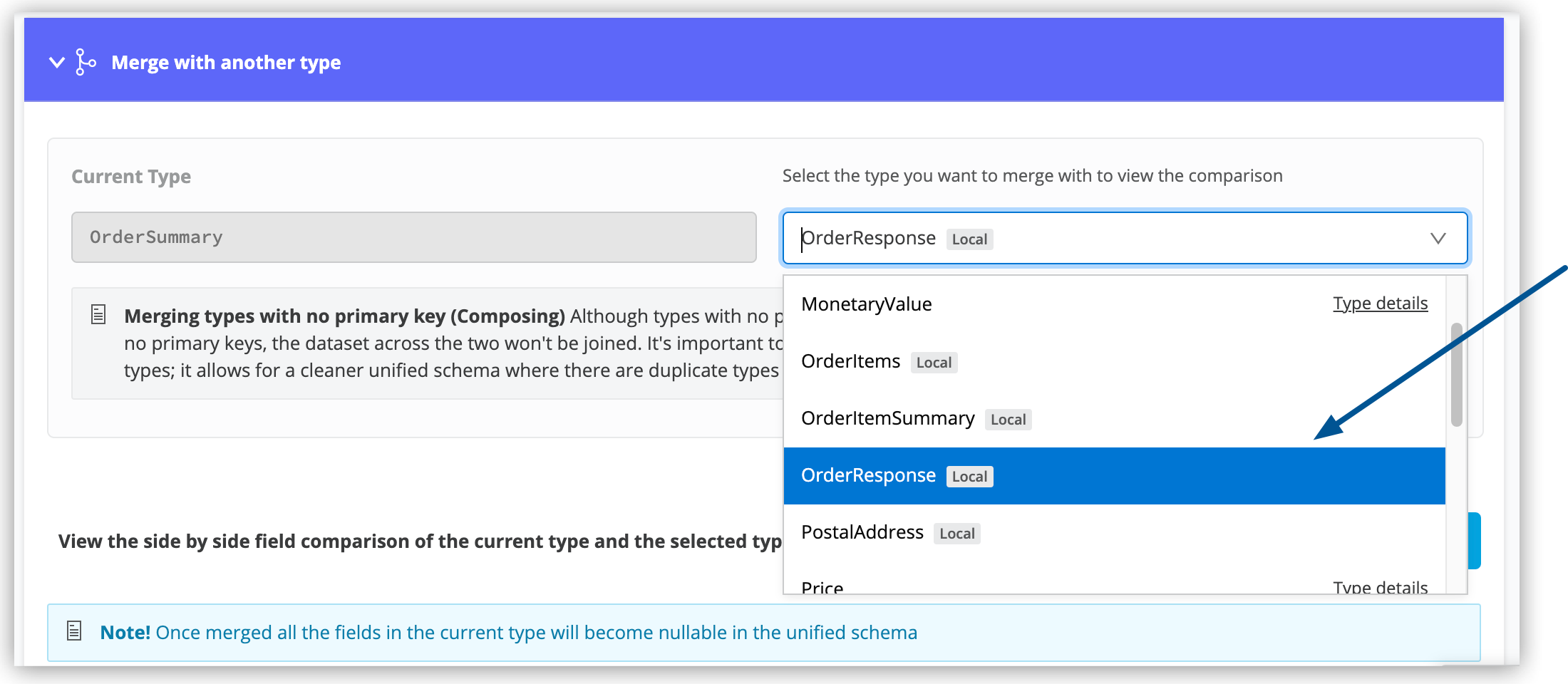 Selecting the target type order response to merge with the order summary type