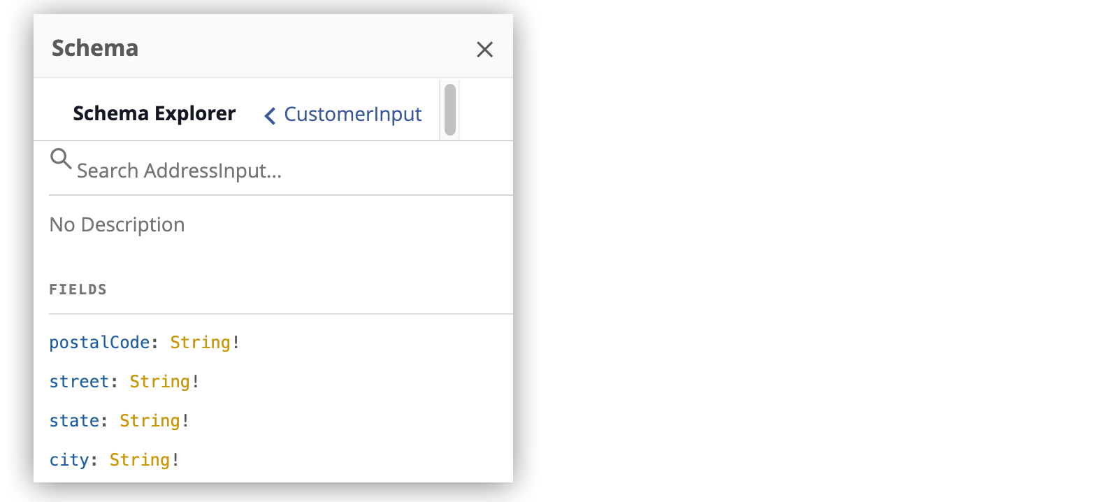 Fields for AddressInput listed in the schema explorer