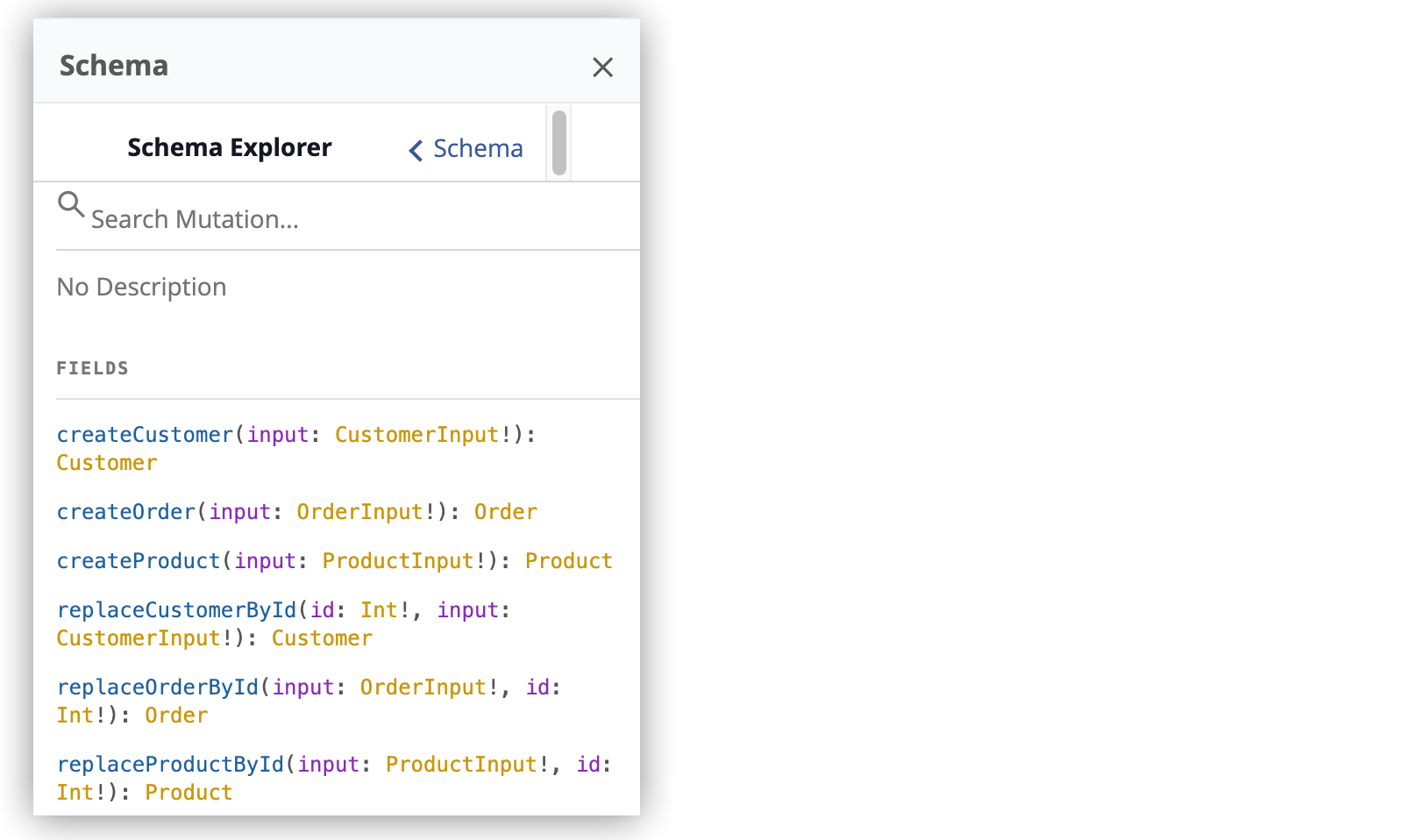 Six mutation operations listed in the schema explorer