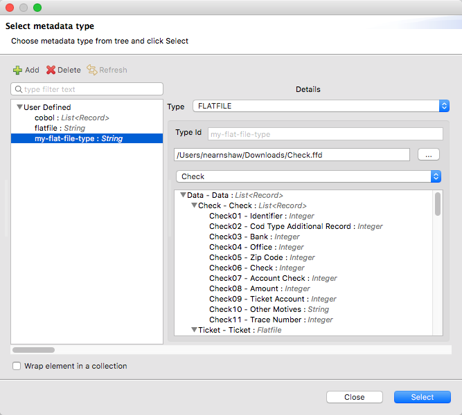 A flat file metadata types screen with details on various record structures