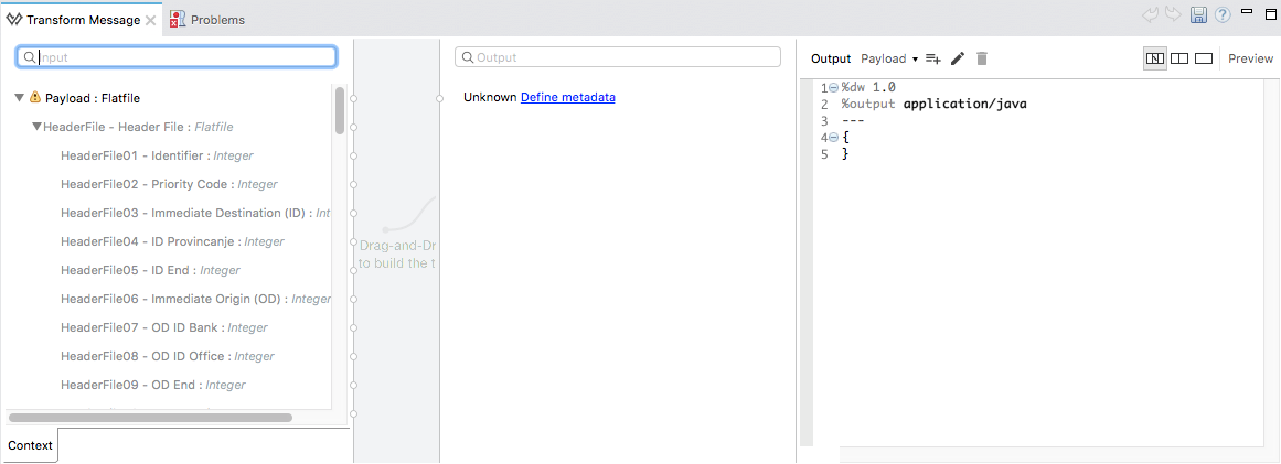 A data transformation interface showing flat file header configurations and output preview