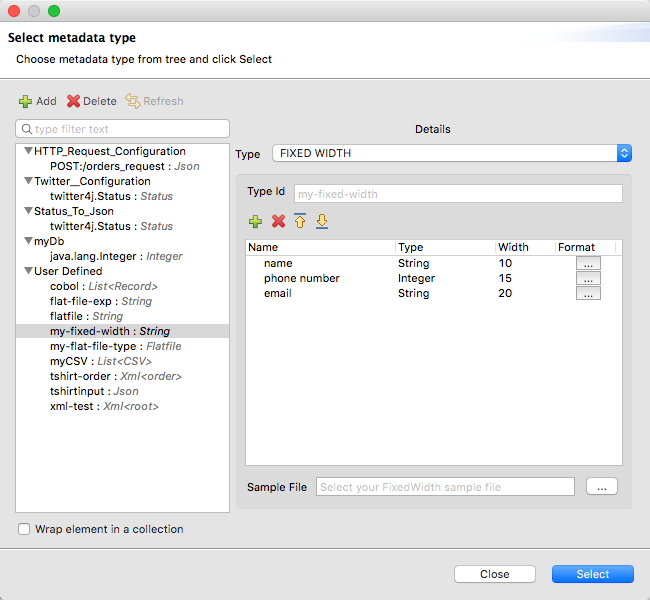 A metadata selection screen with various data type configurations