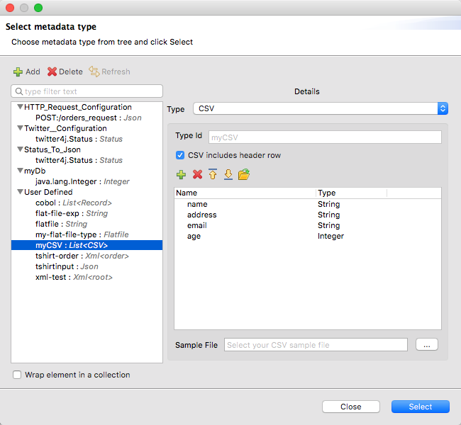 A metadata type selection screen showing options to define CSV and XML data types