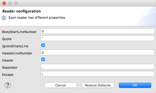 A reader configuration screen showing the different properties to be set