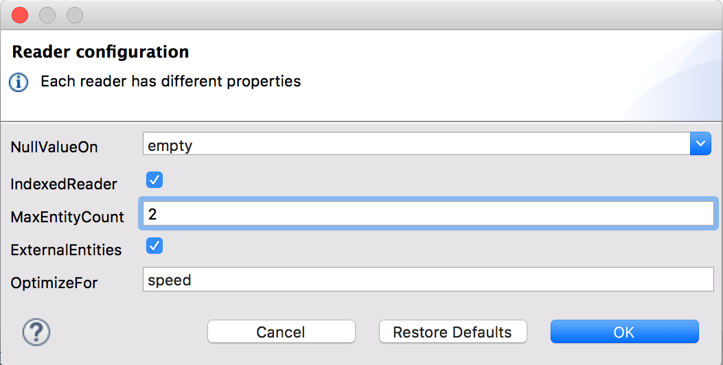 A reader configuration screen with options for handling null values and optimizing for speed