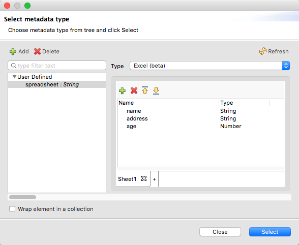 A select metadata type screen with an option to select Type and a table listing fields like name, address, and age