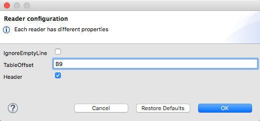 A reader configuration dialog for Excel with options for handling empty lines and setting table offsets