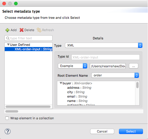 A metadata type selection interface