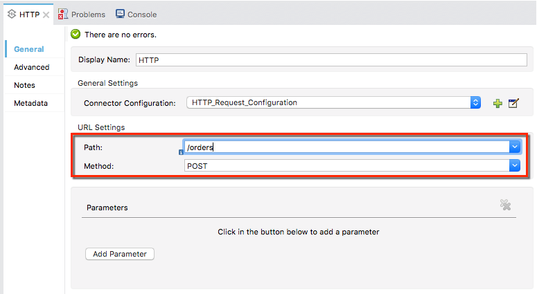 A configuration screen for an HTTP request with fields for URL settings