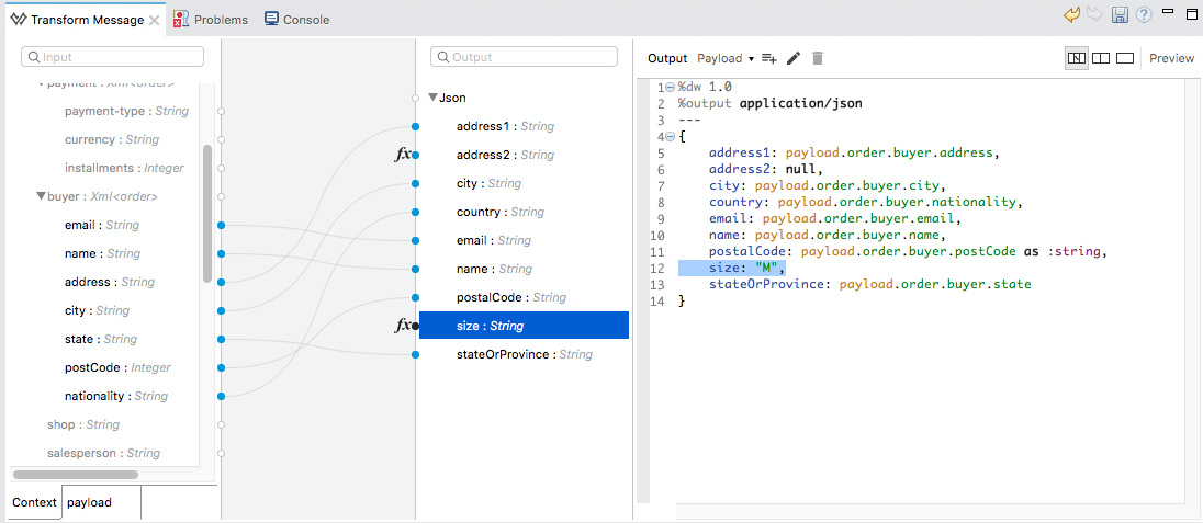 A Transform Message interface showing fields for input and output information in JSON format