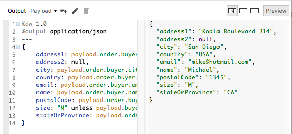 A JSON output preview mapping output’s details