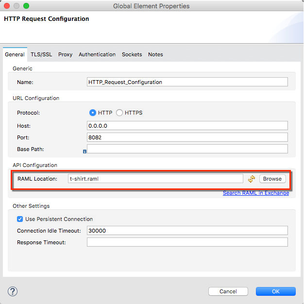 An HTTP request configuration interface with settings for host, port, and base path