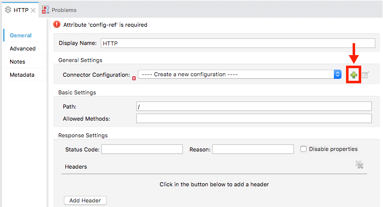 An error message indicating a missing 'config-ref' attribute in an HTTP configuration screen