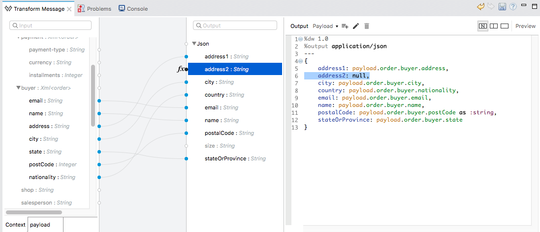 A Transform Message interface detailing fields for input and output information in JSON format