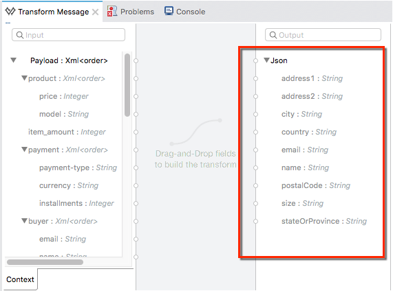 A data transformation interface showing XML input and JSON output configurations