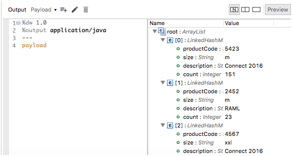 A Java output payload displaying a list of attributes