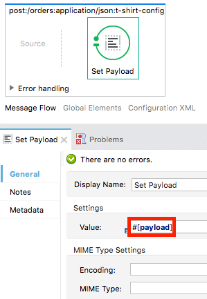 A configuration screen for setting payload in a message flow