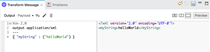 A DataWeave script that outputs 'helloWorld' in XML format