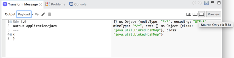 A Transform Message tab showing an output payload in Anypoint Studio