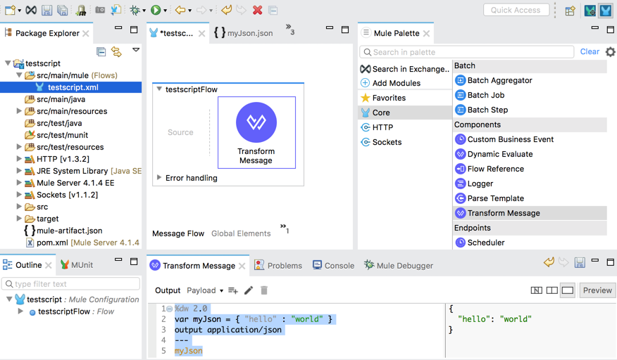 A script in Anypoint Studio showing a basic JSON output