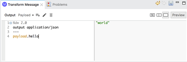 A DataWeave script that outputs the word 'world' in JSON format in Anypoint Studio