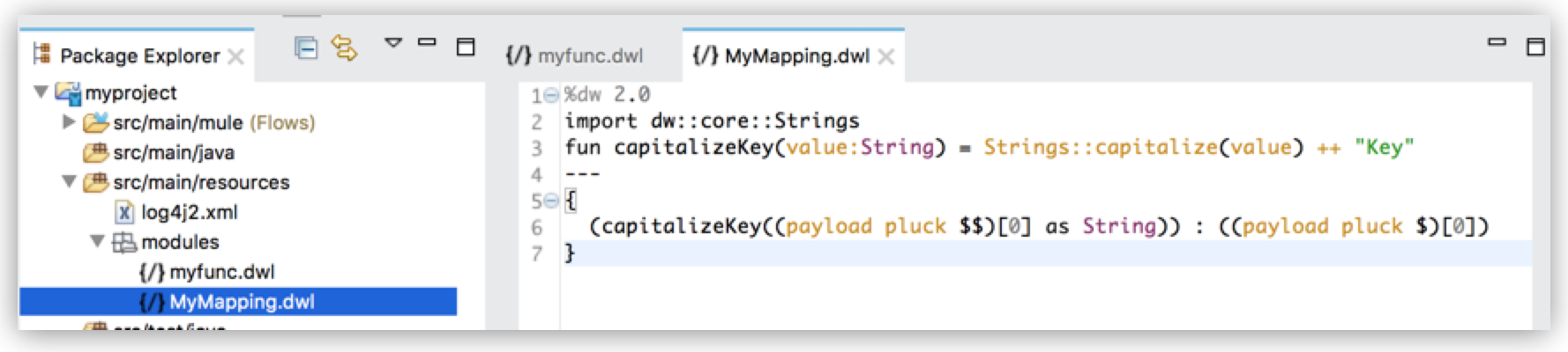 Text editor showing a DataWeave mapping file in a Studio project