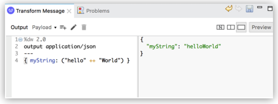 A DataWeave script that outputs 'helloWorld' in JSON format