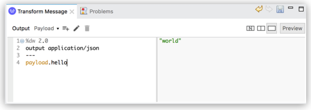 A DataWeave script that outputs the word 'world' in JSON format in Anypoint Studio