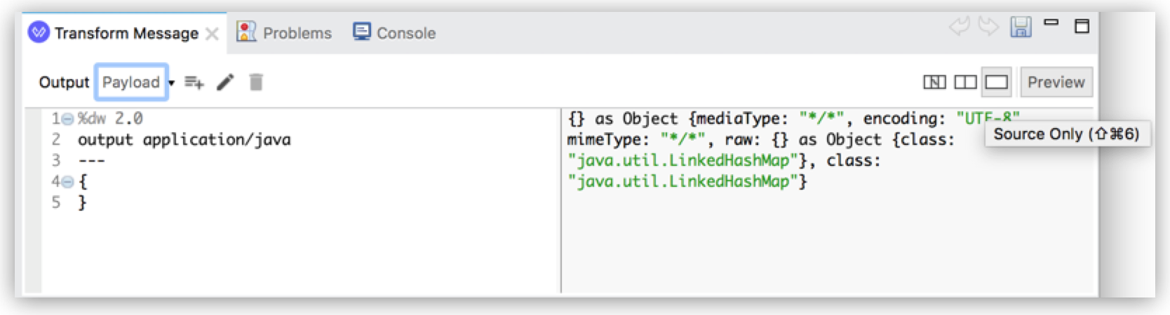 A Transform Message tab showing an output payload in Anypoint Studio