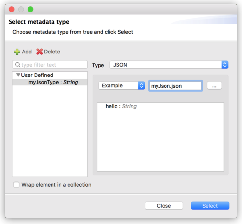 A Select metadata type dialog to select Type