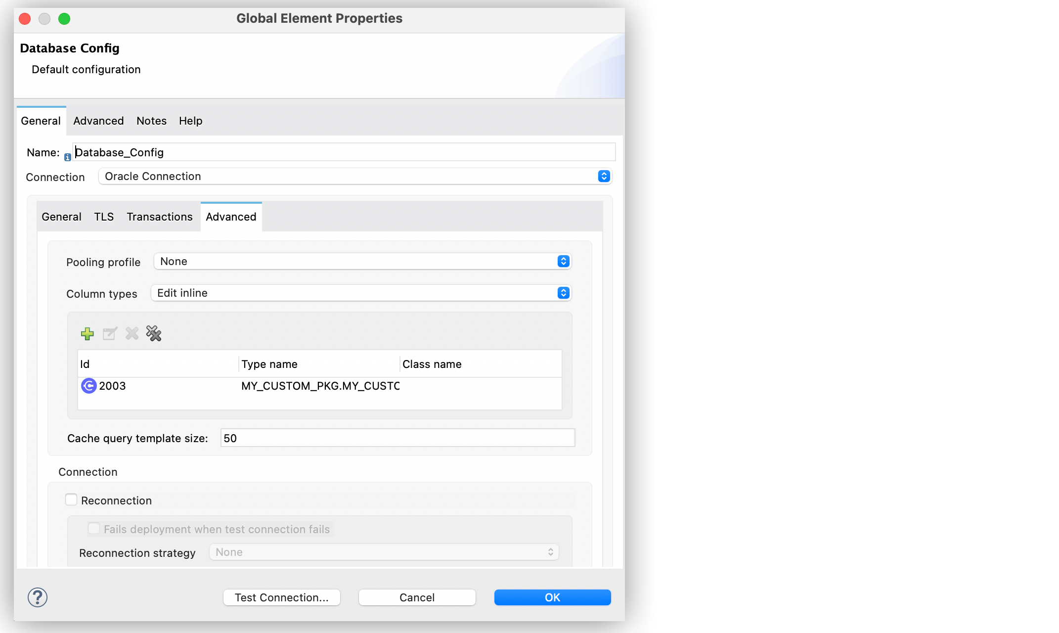 Column type configuration window