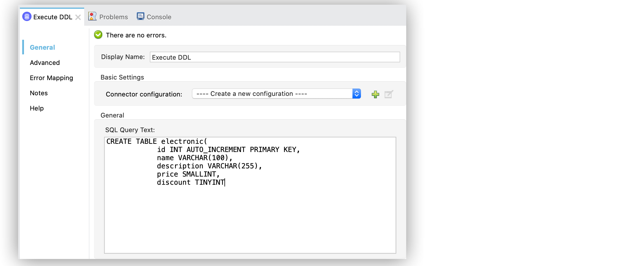 The Execute DDL operation configuration in Studio